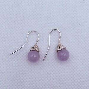 Sterling Silver Amethyst Ball Dangle Earrings Hook Ornate Cap 1”  2.8 Gm